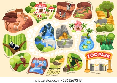 Zoo park map. Poster with different exotic animal and bird, stalls and walkway. Banner with panda and lion, snake and limur, flumpingo and ostrich, turtle and monkey. Cartoon flat vector illustration