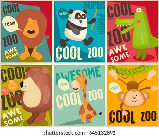Zoo Park Mini Posters Set. Vector Illustration.