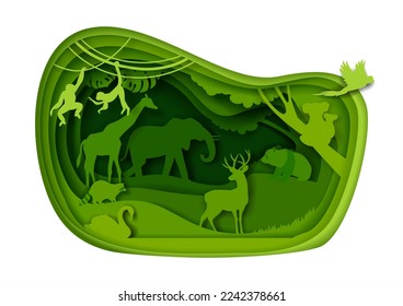 Zoo park vector in paper cut art craft origami style. Silhouette of wild creature in jungle forest. Save earth nature and exotic animal concept