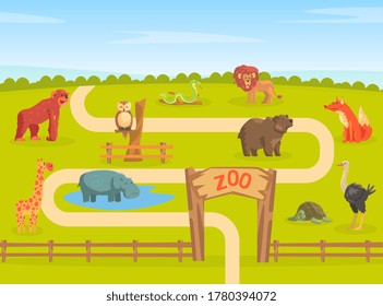 Zoo Park with Wild Animals, Natural Landscape with Wild Giraffe, Elephant, Lion, Monkey, Rhino, Turtle, Ostrich, Bear Animal Vector Illustration