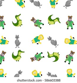Zoo pattern with cartoon animal. Lion and bear, alligator and wolf. Vector illustration