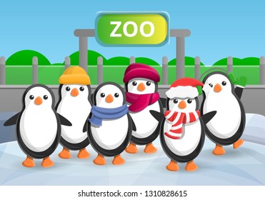 Zoo penguin group concept banner. Cartoon illustration of zoo penguin group vector concept banner for web design