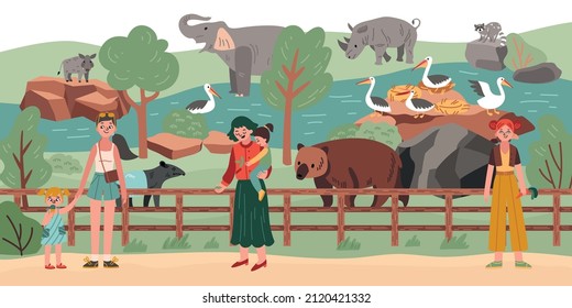 Zoo people composition visitors walk around the zoo and look at the animals vector illustration