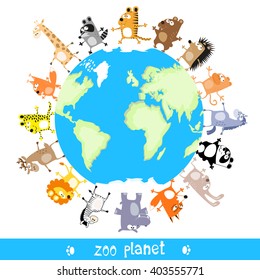 Zoo planet with cute animals drawing in funny cartoon style isolated on white background for kids and preschool education. Vector illustration. Circular composition