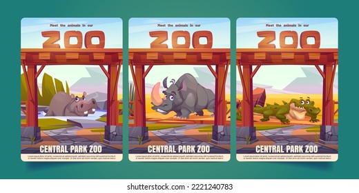 Zoo posters with african animals and entrance with wooden arch. Zoological park invitation flyers with cute hippo, rhino and crocodile characters, vector cartoon illustration