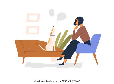 Zoo Psychologist Watching For Dog Barking And Howling. Pet Owner Thinking About Problems In Doggy Behavior. Animal Psychology Concept. Colored Flat Vector Illustration Isolated On White Background