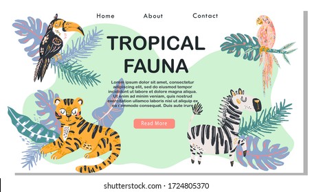 Zoo or safari entrance with african animals vector web template. Illustration of tiger, elephant, gorilla and zebra, african fauna web landing page. Visiting Africa animals park. Website or web page