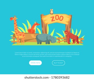 Zoo or Safari Entrance with African Animals Landing Page Template, African Animals Park Website, Web Page Vector Illustration