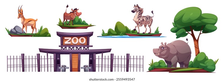 Zoo safari park elements - wooden entrance gates with fence, charming African animals - antelope standing near rocks, warthog on grassland, striped zebra by water, massive hippo under leafy tree.