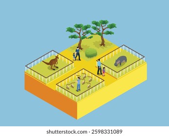 Zoo Scene with Animal Enclosures and Visitors 3d flat vector illustrations