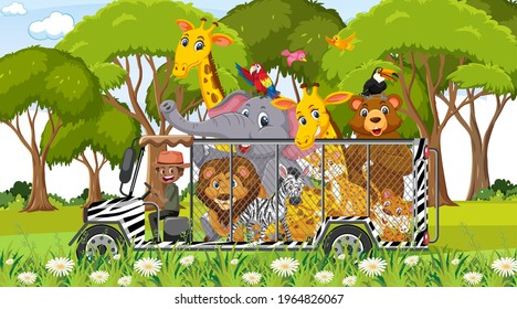 Zoo scene with happy animals in the cage car illustration