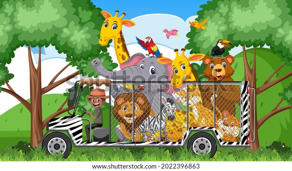 Zoo\
scene with happy animals in the cage car\
illustration