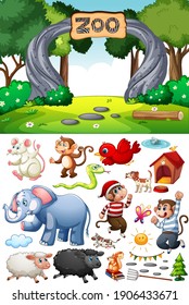 Zoo scene with isolated cartoon character and objects illustration