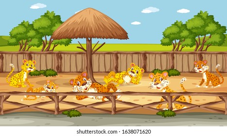 Zoo scene with many tigers behind the fence illustration