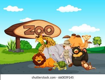 Zoo scene with many wild animals  illustration