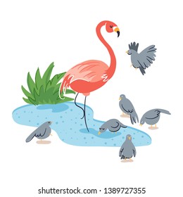 Zoo scene with pink flamingo standing in water with pigeons flying around. Vector illustration in hand drawn style. Could be used as an illustration for children's book.