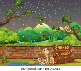 Zoo scene with snakes in the rain illustration