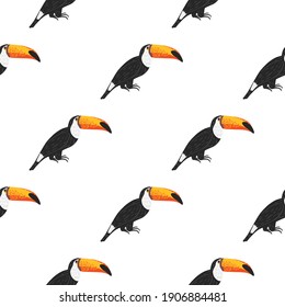 Zoo seamless doodle pattern with black and yellow colored cute toucan bird ornament. White background. Flat vector print for textile, fabric, giftwrap, wallpapers. Endless illustration.