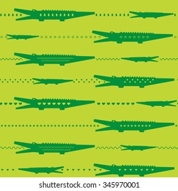 Zoo seamless pattern with green crocodiles. Vector background.