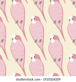 Zoo seamless pattern in hand drawn style with pink parrot bird shapes. Light background. Nature ornament. Flat vector print for textile, fabric, giftwrap, wallpapers. Endless illustration.