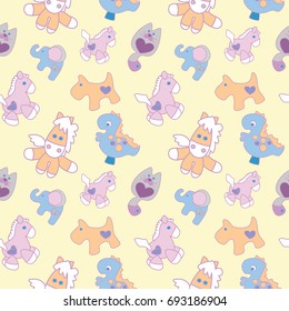 Zoo seamless pattern for kids. Colorful background with elephant, donkey, horse, dog and dinosaur. Cute vector illustration.