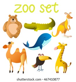 zoo set.vector illustration.isolated om white.bear, crab, camel, octopus, crocodile, toucan, giraffe, kangaroo, whale