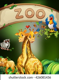 Zoo sign and many animals illustration