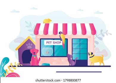Tienda de zoológicos con diferentes mascotas. Gatos y perros sentados cerca del edificio de una tienda de animales. Tienda de mascotas de fachada exterior con cartón. Concepto de compra de productos para mascotas. Pancarta de moda. Ilustración vectorial plana