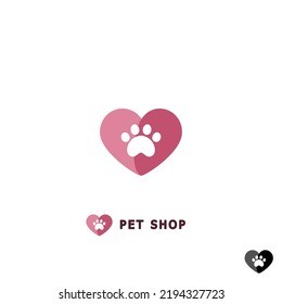 Zoo store logo. Heart with paw print. Goods for animals symbol. Paw print logo