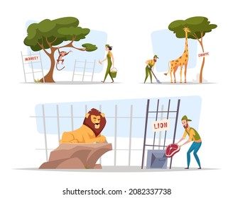 Zoo stuff. People working in zoo animals care and feeds monkey bear giraffe lion exact vector cartoon illustrations set