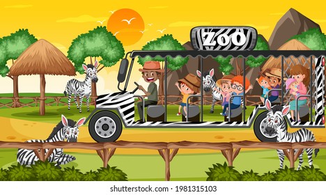 Zoo at sunset time with many children watching zebra group illustration