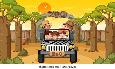 Zoo at sunset time with many kids in a jeep car illustration