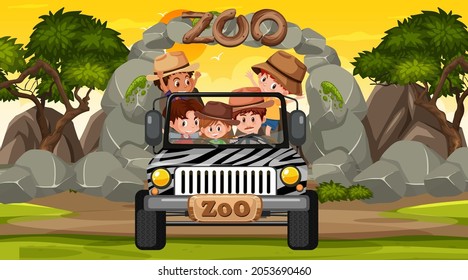 Zoo at sunset time scene with many kids in a jeep car illustration