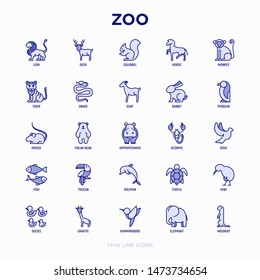 Zoo thin line icons set: lion, deer, horse, monkey, tiger, penguin, hippo, giraffe, elephant, turtle. Modern vector illustration.