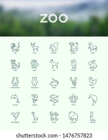 Zoo thin line icons set: lion, deer, horse, monkey, tiger, penguin, hippo, giraffe, elephant, turtle. Modern vector illustration.