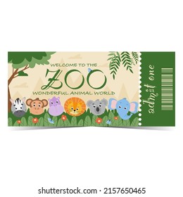 Zoo ticket with cute stylised exotic animals in the forest on background. Zoological park entrance talon with detachable part and barcode. Vector illustration in flat style.