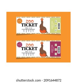 Zoo tickets. Entertainment for children and adults. Pass to the event. Exotic animals. Minimalistic style of tickets in white on an orange background. Stock Vector Illustration.