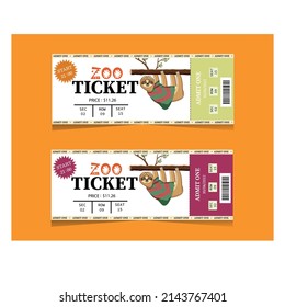 Zoo tickets. Sloths on the ticket. The invitation. A set of coupons. Orange background. Vector stock illustration.