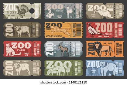 Zoo tickets for zoological park admit with wild animals. Vector vintage design of African lion, hippopotamus or puma and bear, elk or buffalo with wolf or fox and squirrel