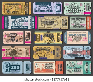 Zoo tickets for zoological park. Vector vintage admit ticket design of wild bear, wolf or duck and wolf, African safari lion, hippopotamus or elephant and buffalo, fox or grouse bird and elk