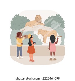 Zoo trip isolated cartoon vector illustration. Group of children watching wild animal behind the fence, wildlife experience, petting zoo class field trip, elementary school tour vector cartoon.