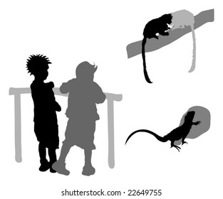 At the Zoo - two small children, two  monkeys and a lizard