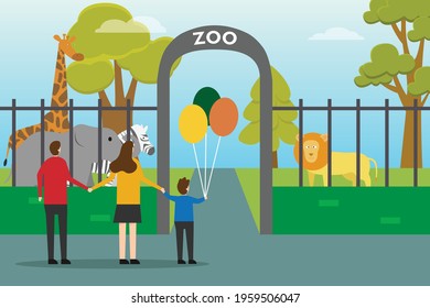 Zoo vector concept. Happy family looking animals at zoo
