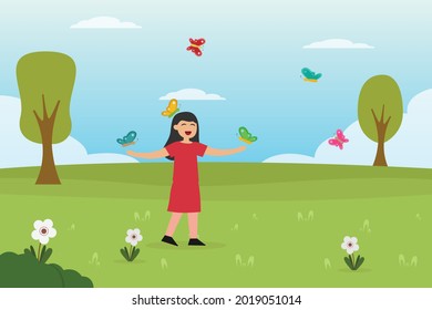 Zoo vector concept: Little girl enjoying leisure time with colorful butterfly in the zoo 