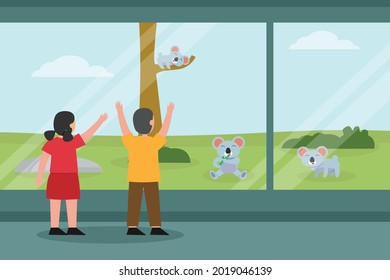 Zoo vector concept: Two cute children looking at koala in the zoo while standing near the fence 