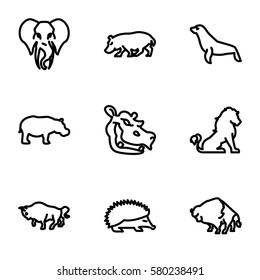 zoo vector icons. Set of 9 zoo outline icons such as lion, hedgehog, buffalo, hippopotamus, elephant