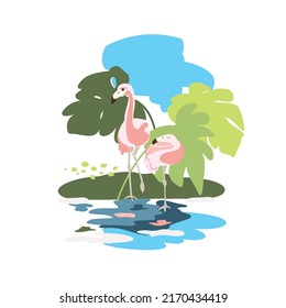 Zoo vector illustration. Flamingos on the background of wild nature.