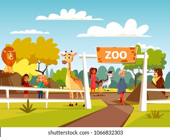 Zoo vector illustration or petting zoo cartoon design. Open zoo wild animas and visitors family with children interacting with African lion and giraffe, wild bear or zebra in natural area background