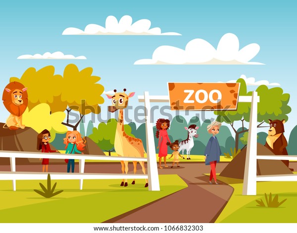 動物園のベクターイラストや ペッティングしている動物園の漫画のデザイン 自然の地域の背景に アフリカのライオンやキリン 野生の熊や ゼブラと交流する子どもと一緒に 動物園の野生動物や来園者の家族を開く のベクター画像素材 ロイヤリティフリー