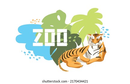 Zoo vector illustration. Tiger on the background of wild nature.